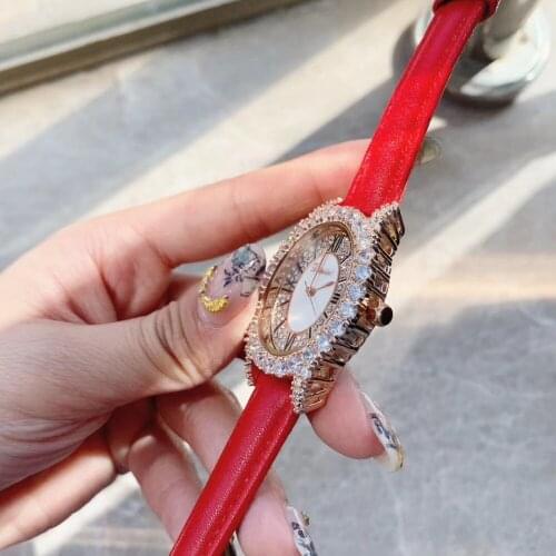 Tempting Red Genuine Leather Strap Watches for Women Vintage Oval Dress Wrist watch Sparkly Rhinestones Crystals Jewelry Watch