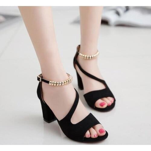 2020 Hot fashion sexy fish mouth hollow Roman sandals thick with beaded high heels female summer Sexy female sandals