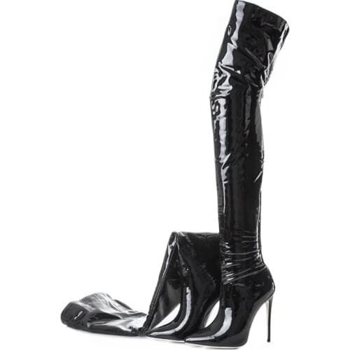 Ins hot Women boots big size 22-27.5cm Autumn and winter Fashion elastic patent leather womens boots over the knee 12cm heel