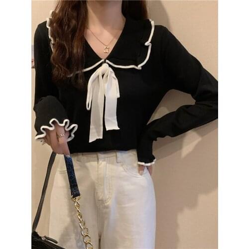 Women Sweater 2021 Fashion Doll collar bow Sweater Autumn Vintage Long Sleeve Female Pullovers Chic Tops sweaters for women