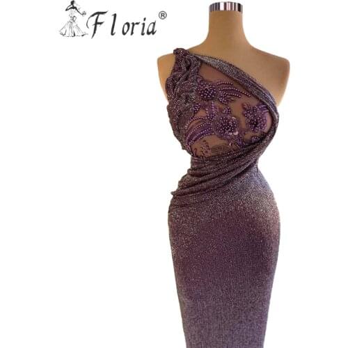 Glitter Purple One Shoulder Evening Gowns Long Formal Prom Party Full Sequins Vestidos Women Dresses Robe De Soiree 2021