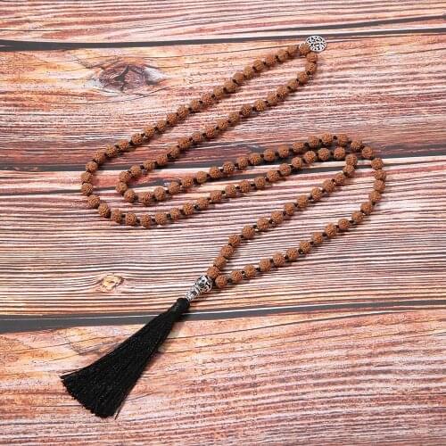 108 Mala Beads Rudraksha Gem Stones Meditation Yoga Jewelry Knotted Japamala Rosary Tassel Necklace with Tree of Life Pendant