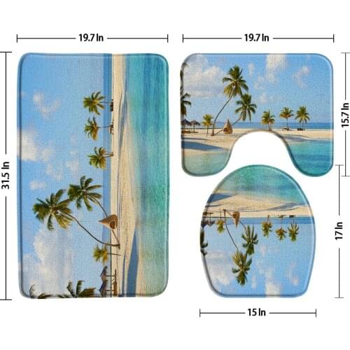 Blue Ocean Beach Palm Bath Mats 3 Pcs Bathroom Rug Sets Non Slip Maldives Sea View Scenery Bath Decor Toilet Cover U-Shaped Pad