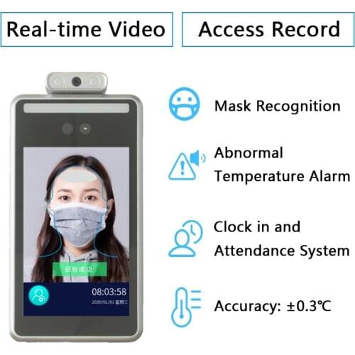 5 software Language 8 inch Dynamic face recognition Thermal camera access control 10000 faces temperature measuring