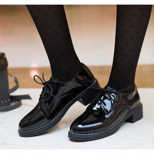 Womens Flat Shoes New English Oxford Shoes Casual Lace-up Crawler Zapatos Mujer All-match Middle Heel Retro Thick Heel Black