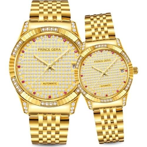 PRINCE GERA Couple Watch Men and Women 18K Gold Watches Male Shining Diamond Luxury Automatic relogio Diamond Dial Wristwatches