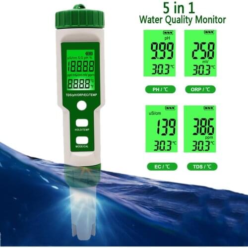 Digital Water Quality Tester 5 in 1 TDS/PH/EC/Temperature ORP Meter TDS EC Monitor Conductivity PH Detector for Pools Aquariums