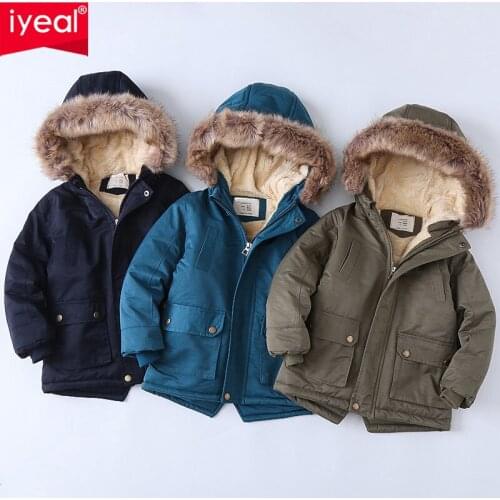 IYEAL New Hooded Fur Kids Boy Outerwear Winter Warm Jacket For Boys Kids Coat Fleece Jackets For Boy Childrens Clothing 3-12Y