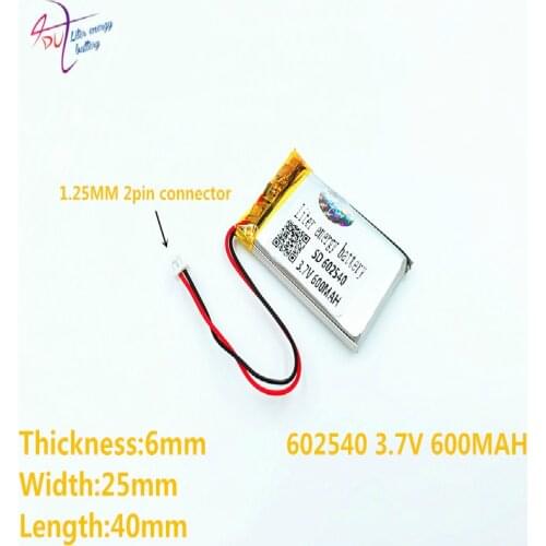 JST PH 1.25mm 3.7V,600mAH 602540 (polymer lithium ion / Li-ion battery ) for Smart watch,GPS,mp3,mp4,cell phone,speaker