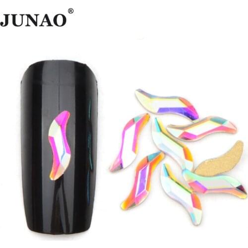 JUNAO 50Pcs 2x9mm S Shape Glass Nail Rhinestone Flatback Fancy Crystal Stones Glue On Nail Strass Sticker Nail Art Decoration