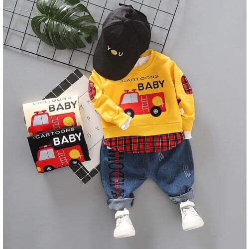 Baby clothing set new casual cartoon long-sleeved suit for boy embroidery fire truck long-sleeved trousers two-piece suit