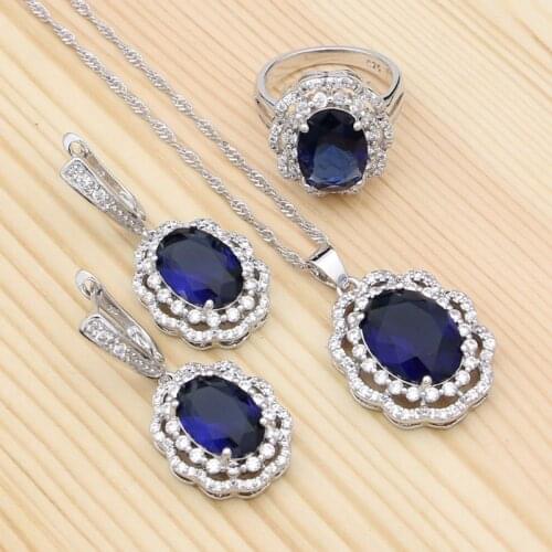 925 Silver Wedding Jewelry Sets For Women Blue Cubic Zirconia White Crystal Pendant Necklace Ring Earrings Set Jewelry Kits
