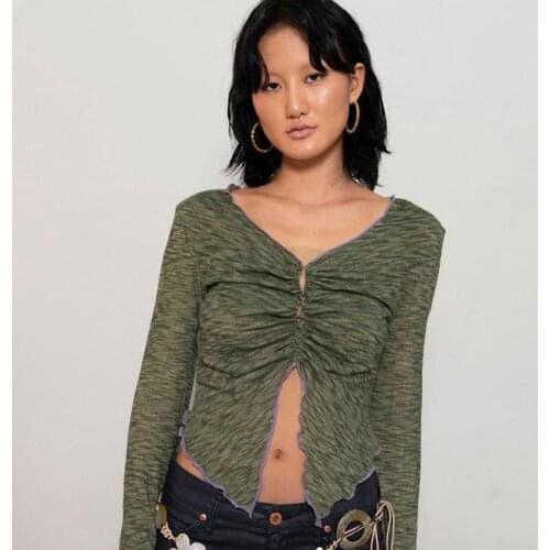 Summer V-neck Pullover Print Long-sleeved Thin Female T-shirt with Umbilical Ears Women Sexy Tops Green Tops for Women