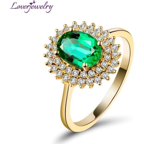 LOVERJEWELRY 18KT Yellow Gold Luxury Natural Emerald Rings Anniversary Diamond Womens Promised Ring Genuine Gemstone For Wife