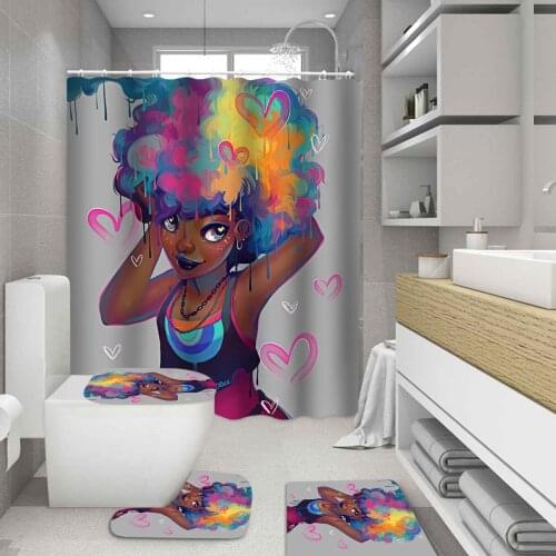 Cute Loli African Shower Curtains Afro American Lady Women Colored Hair Bathroom Set Non-Slip Rugs Toilet Lid Cover Mat