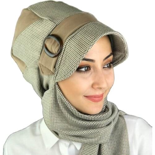 Islamic Fashion Muslim Women Hijab 2021 Trend Single Size Bathing Cap Beret Ready Shawl Scarf Buckle Hat Milky Coffee Pattern Female hat