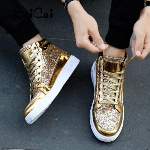Mens High-Top Board Shoe Autumn and Winter Sequins Korean Style Patent Leather Shoes Trendy Mens Evening Casual High-Top Shoes