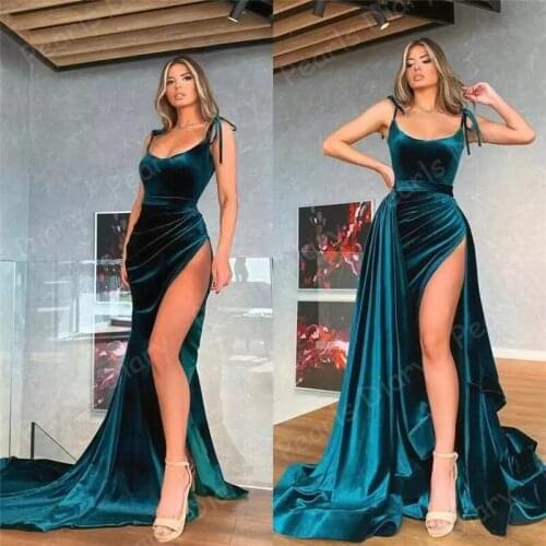 Charming Spaghetti Strap Velour Long Prom Gowns High Slit Mermaid Evening Dresses With Detachable Train 2021 Sexy Pageant Dress