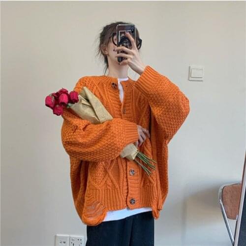 Coat Women 's Fashionable 2021 Ripped Sweater Women 's Korean -Style Loose Twist Cardigan Casual Long-Sleeved Top