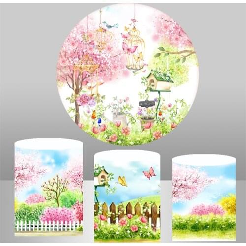 Pink Spring Flower Watercolor Round Backdrop Elastic Polyester Circle Background Cylinder Cover Table Banner Party Decoration840