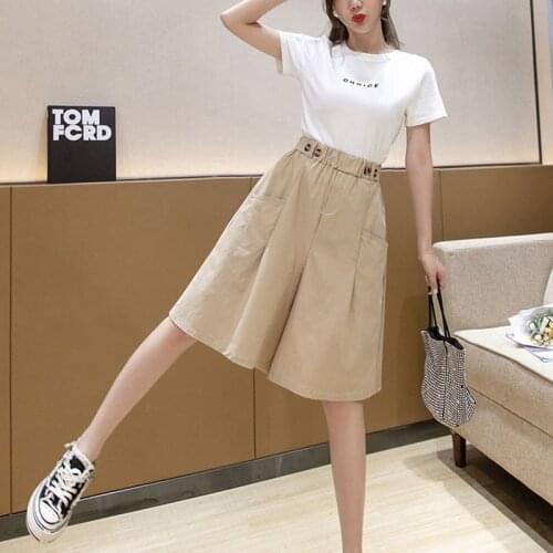 Summer Couples Cargo Shorts Women Loose Elastic Waist Knee Length Short Pants Vintage Cotton Long Shorts Wide Leg Short Femme