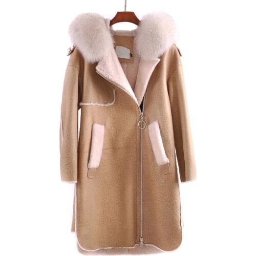 2018 Real Natural Sheepskin Coat With Fox Fur Hooded With Pockets Long Sleeve With Pockets Casual Style