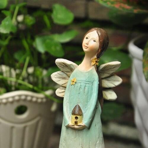 Angel Statue Rustic Hand-painted Imitation Wood Angel Fairy Resin Crafts Garden Terrace Decoration Ornament Gift