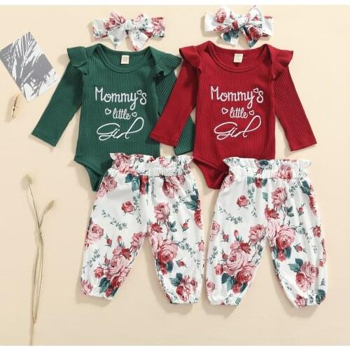 FOCUSNORM 0-24M Autumn Baby Girls 3pcs Clothes Sets Letter Long Sleeve Knit Romper Floral Printed Pants Headband