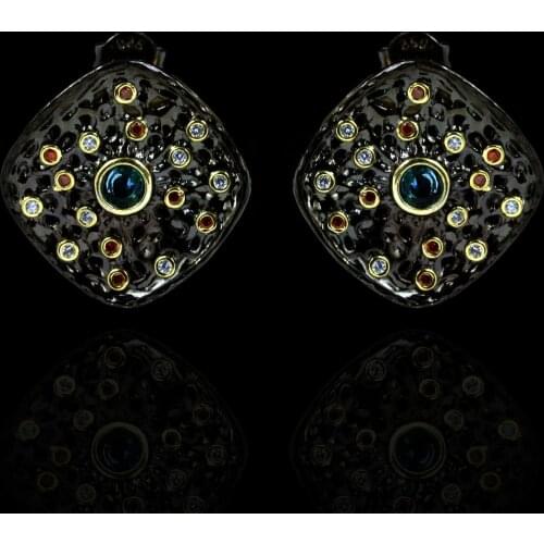Vintage Bohemian Style Hollow Colored Zircon Irregular Shape Stud Earrings Black Gold Series 925 Silver Luxury Italian Jewelry