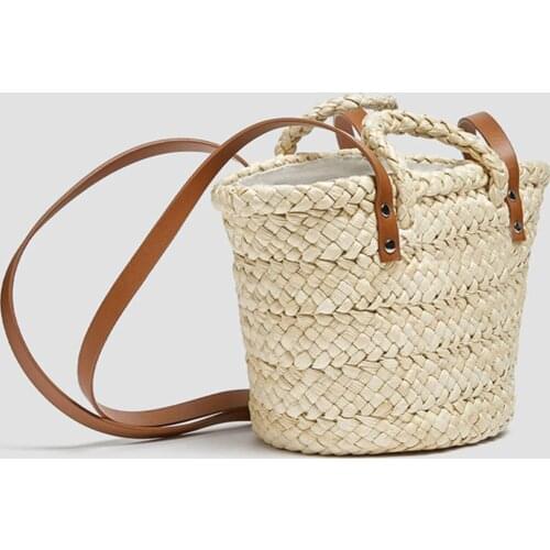 Womens Beige Grip Handle Mini Basket Bag Jute looking material, basket bag. Grip handle and contrast brown shoulder strap