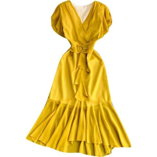 New Summer Women Sexy V-Neck Butterfly Sleeve Slim Long Dress Sweet Ruffles Solid Color Chiffon Mermaid Dress