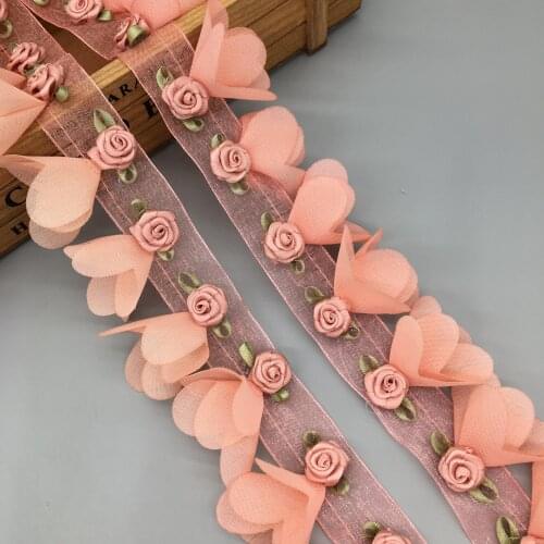 1 yard Watermelon Red Pearl Rose Flower Bow Embroidered Chiffon Lace Trim Ribbon Fabric Sewing Craft For Costume Wedding Dress