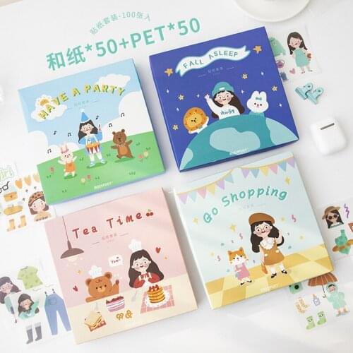 100Sheets/Pack Cartoon Girls Washi PET Stickers For Scrapbooking DIY Luggage Journal Cell Cup Decorative Material Paper Gifts