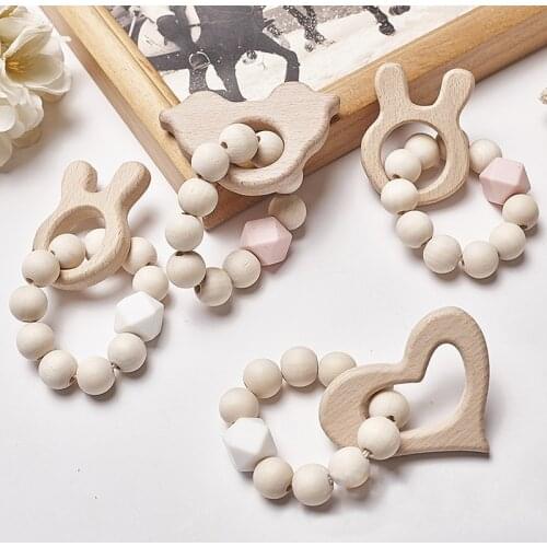 12# Wooden Rattle Beech Bear Hand Teething Ring Baby Rattles Play Stroller Toy For Baby Rattle