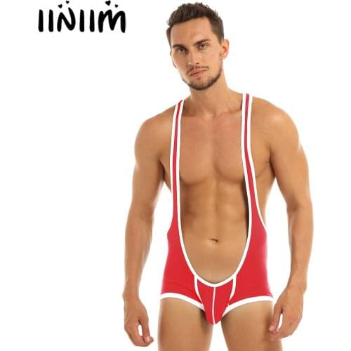 Iiniim Mens Sexy Lingerie Bodystocking Wrestling Suspenders Singlet Mankini Jockstraps Bulge Pouch Boxer Underwear Bodysuit