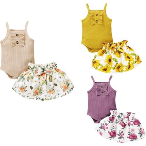 0-18M NEW Summer Newborn Infant Baby Girls Outfits 2PS Set Fashion Casual Solid Color Sling Jumpsuit + Floral Print Skirt Set