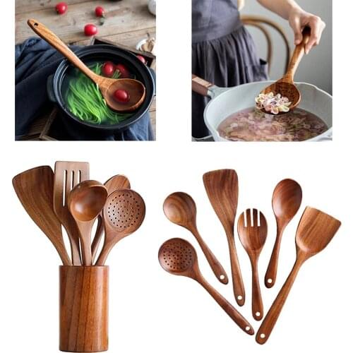 Kitchen Wooden Utensils for Cooking, Wood Utensil Natural Teak Wood Spoons for Cooking,Kitchen Utenails Set with Holder