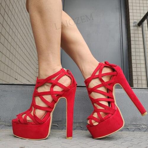 LAIGZEM Women Platform Sandals Strappy Faux Suede Open Toe Thick High Heels Pumps Ladies Party Shoes Woman Big Size 41 42 45 47