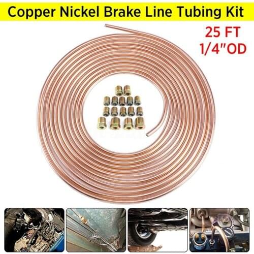 Copper Nickel Brake Line Tubing Kit 1/4Inch OD 25 Ft Coil Roll Tube & 16 Pcs Tube Nut Fittings