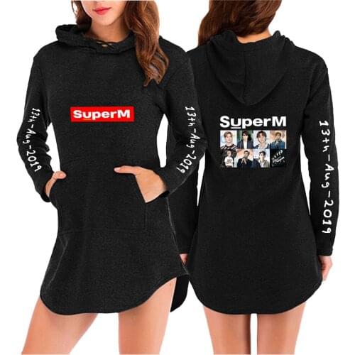 New Kroean K-POP SuperM BAEKHYUN KAI Mark LUCAS TEN Taeyong Lee Taemin Hooded Dress Women Long Sleeve Kpop Clothes Super M Dress