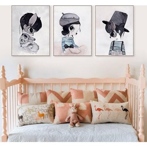 Nordic Style Rabbit Girl Boy Canvas Art Print Painting Poster , Ins Cute Cartoon Rabbit Wall Pictures for Kids Room Decoration
