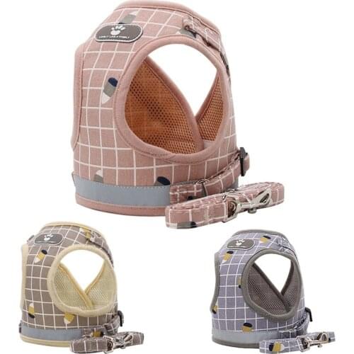 Pet Polyester Harness Dog Adjustable Reflective Leash Cat Breathable Vest Pet Plaid Harness For Puppy Medium Dog Pet Supplies