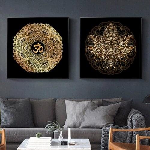 Religion Art Canvas Paintings Gold and Black Mandala Lotus and Modern Prints Wall Art Pictures for Living Room Home Decoration