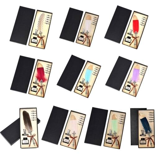 Feather Pen Antique Writing Pen Handcrafted Retro Quill Pen Set Writing Quill Dip Pen w/ 5 Replacement Nibs Pen Nib Base