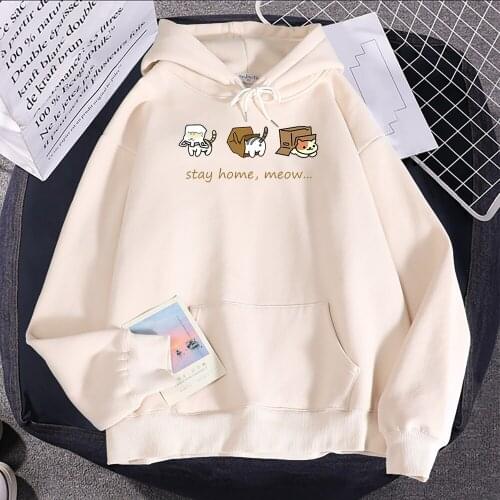 Stay Home , Meow Cats Cartoons Print Hoodie Women Autumn Fashion Clothing Crewneck Pullover Tops Fleece Casual Sweatshirt Female