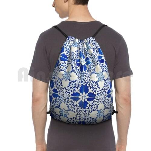 Blue Tiles Backpack Drawstring Bags Gym Bag Waterproof Pattern Pattens Blue White Portuguese Culture Tiles Tile Beautiful