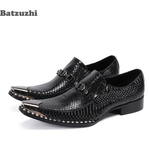 Batzuzhi Luxury Leather Mens Shoes Black Genuine Leather Dress Shoes Metal Toe Business Formal Leather Shoes Men Erkek Ayakkab