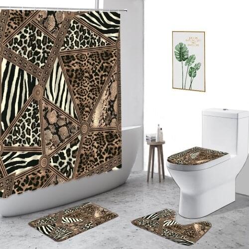Coffee Color Leopard Print Waterproof Shower Curtains Geometric Design Bathroom 4Pcs Bath Mat Toilet Cover Carpet Curtain Decor