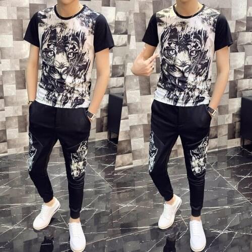 Quality Spring High Tracksuit Top And Pants Men Animal Print Short Sleeve T Shirt Two Piece Set Men Slim Fit Outfits Men Set