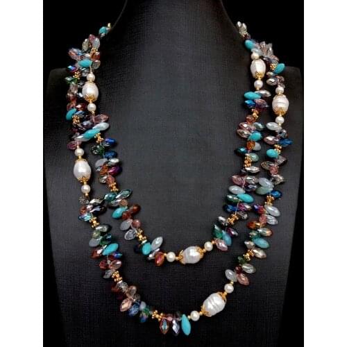 Y·YING Cultured Freshwater White Rice Pearl Multi Color Crystal Long Necklace 49"